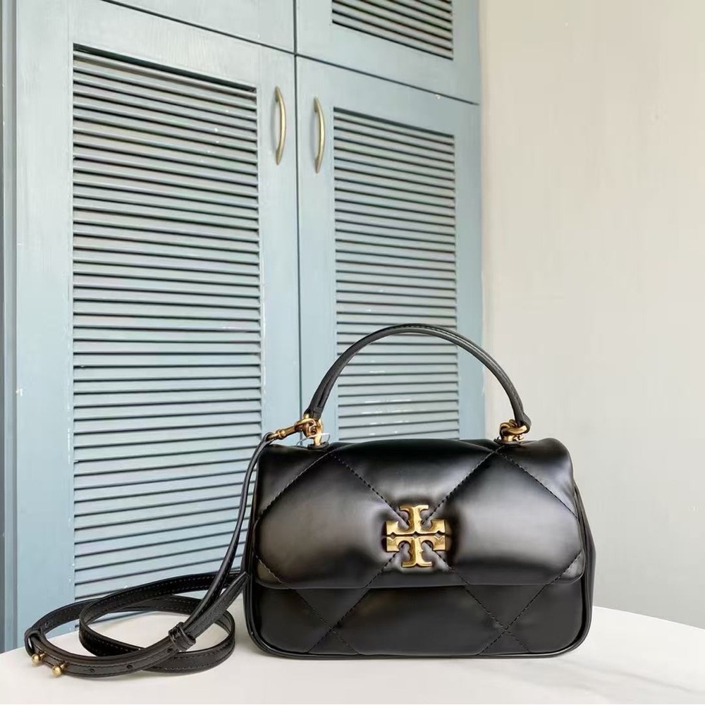 Tory Burch Kira Diamond Quilt Top Handle Bag Black Gold Hardware
